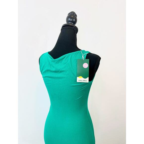 Halara U Neck Bodycon Midi Dress in Vivid Green Size XS Sleeveless Ruched Ribbed - Picture 5 of 5